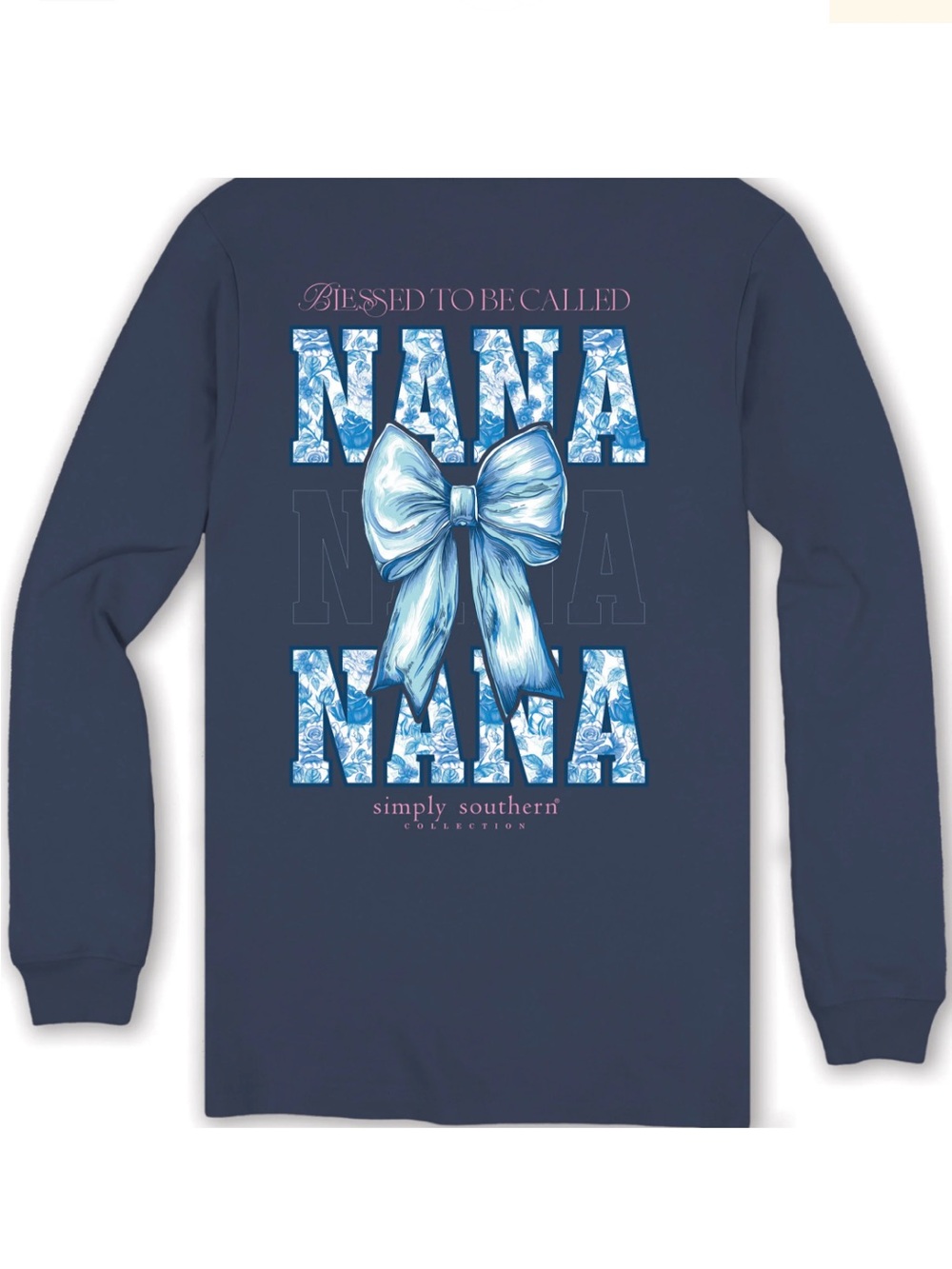Simply Southern Navy Blue with Blue Floral Blessed Nana Bow Long Sleeved TShirt - Picture 2 of 4